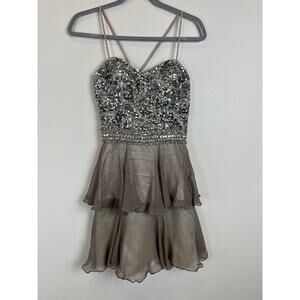 Shail K. Sequin Beaded Short Silk Cocktail Dress Hoco Homecoming Taupe Gold Sz 6